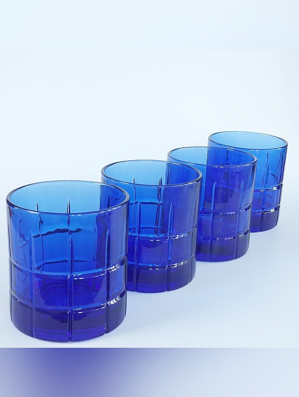 Vtg Anchor Hocking Blue Manchester Rocks Glasses Set of 4 Tartan Plaid 10oz